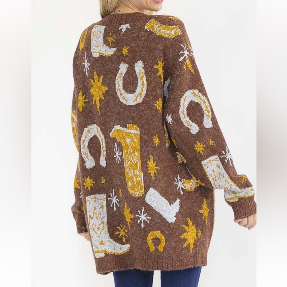 Brown Cardigan with Yellow and White Patterns - Picture 3 of 4